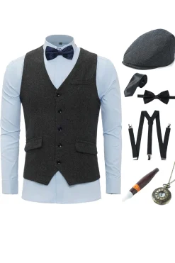 Xaile Preto Lapela Colete Masculino com 6 Peças Acessórios set