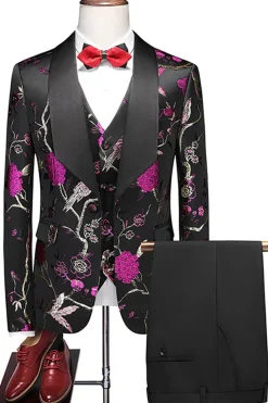 Xaile roxo lapela Jacquard 3 peças homens ternos de baile