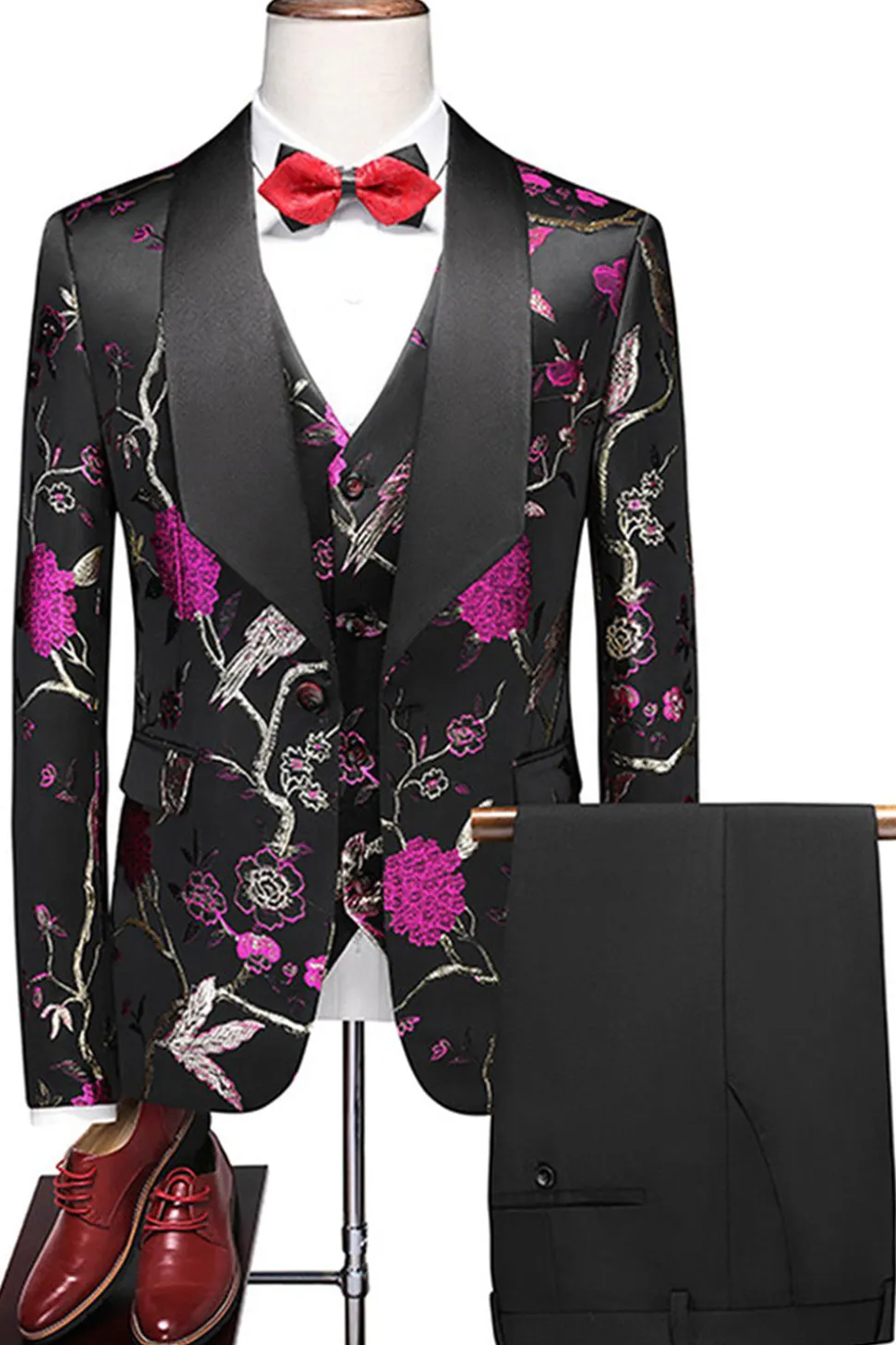 Xaile roxo lapela Jacquard 3 peças homens ternos de baile