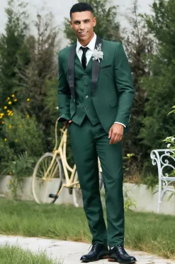 Xaile Verde Escuro Lapela 3-Peças Slim Fit Ternos Masculinos