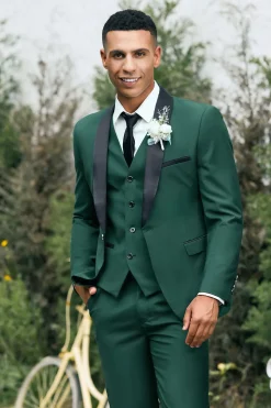 Xaile Verde Escuro Lapela 3-Peças Slim Fit Ternos Masculinos