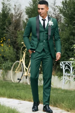 Xaile Verde Escuro Lapela 3-Peças Slim Fit Ternos Masculinos