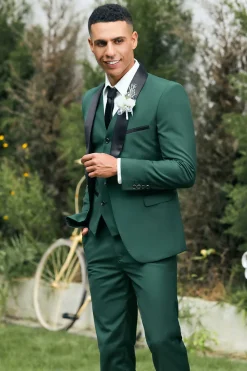 Xaile Verde Escuro Lapela 3-Peças Slim Fit Ternos Masculinos