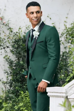 Xaile Verde Escuro Lapela 3-Peças Slim Fit Ternos Masculinos