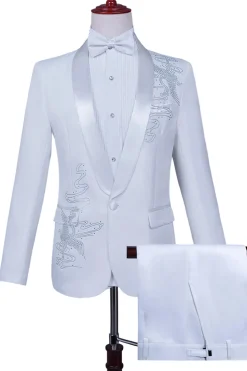 Xale Branco Lapela Slim Fit 2 Peças Terno de Baile de Formatura Masculino com Missangas