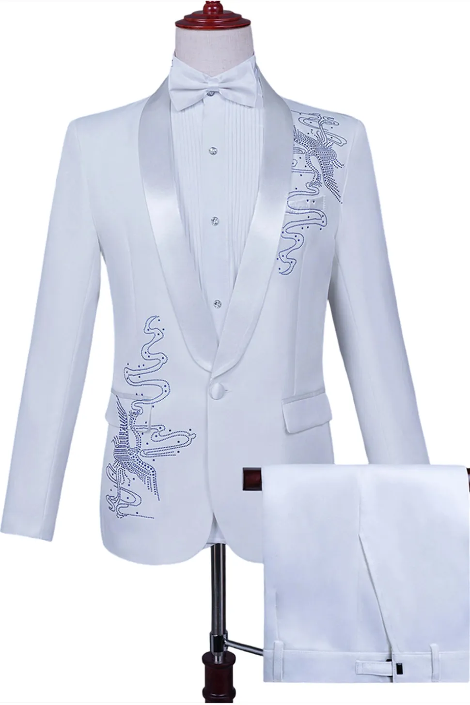 Xale Branco Lapela Slim Fit 2 Peças Terno de Baile de Formatura Masculino com Missangas