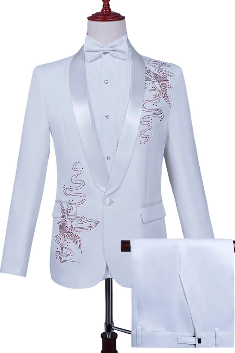 Xale Branco Lapela Slim Fit 2 Peças Terno de Baile de Formatura Masculino com Missangas