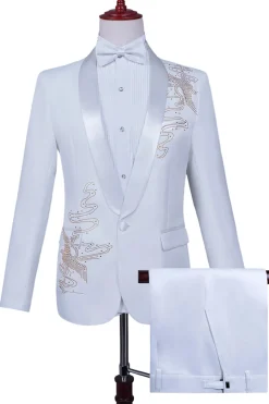 Xale Branco Lapela Slim Fit 2 Peças Terno de Baile de Formatura Masculino com Missangas