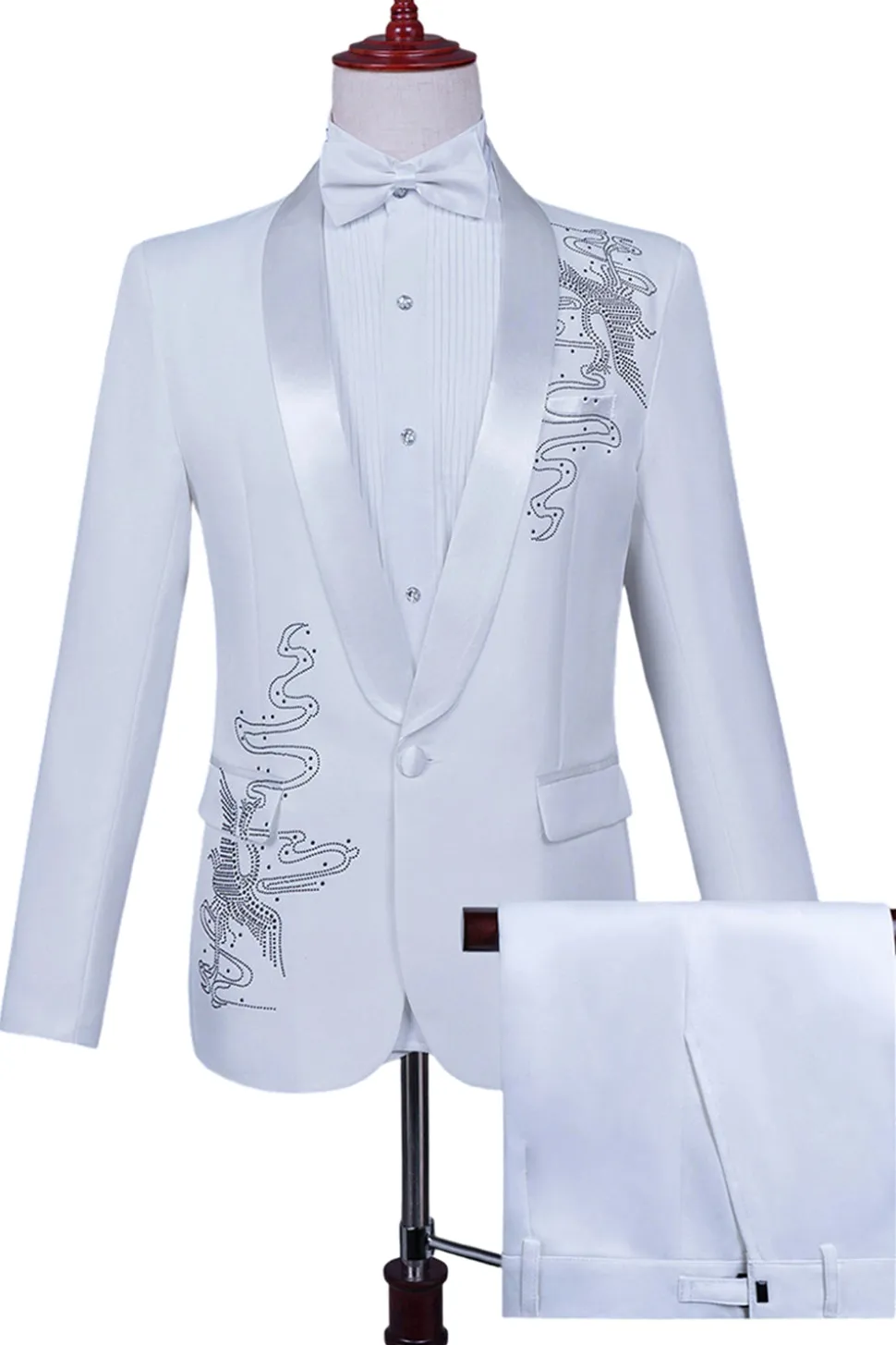 Xale Branco Lapela Slim Fit 2 Peças Terno de Baile de Formatura Masculino com Missangas