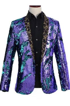 Xale Brilhante Lapela Roxo E Azul Masculino Prom Blazer Com Sequins