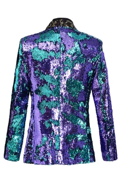 Xale Brilhante Lapela Roxo E Azul Masculino Prom Blazer Com Sequins