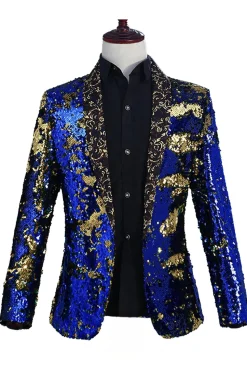 Xale Brilhante Lapela Roxo E Azul Masculino Prom Blazer Com Sequins