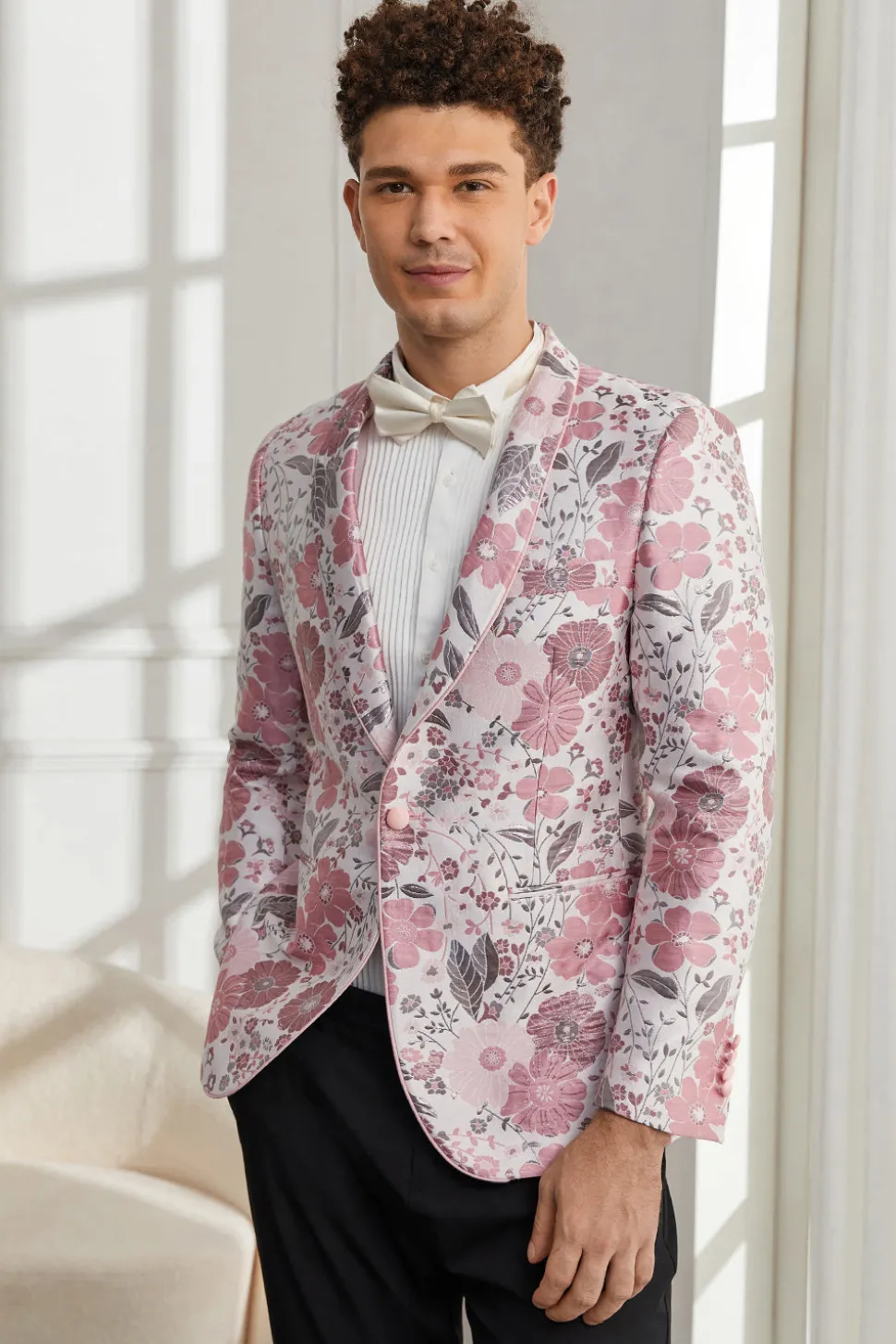 Xale Lapela Um Botão Rosa Jacquard Floral 2 Peças Homecoming Ternos