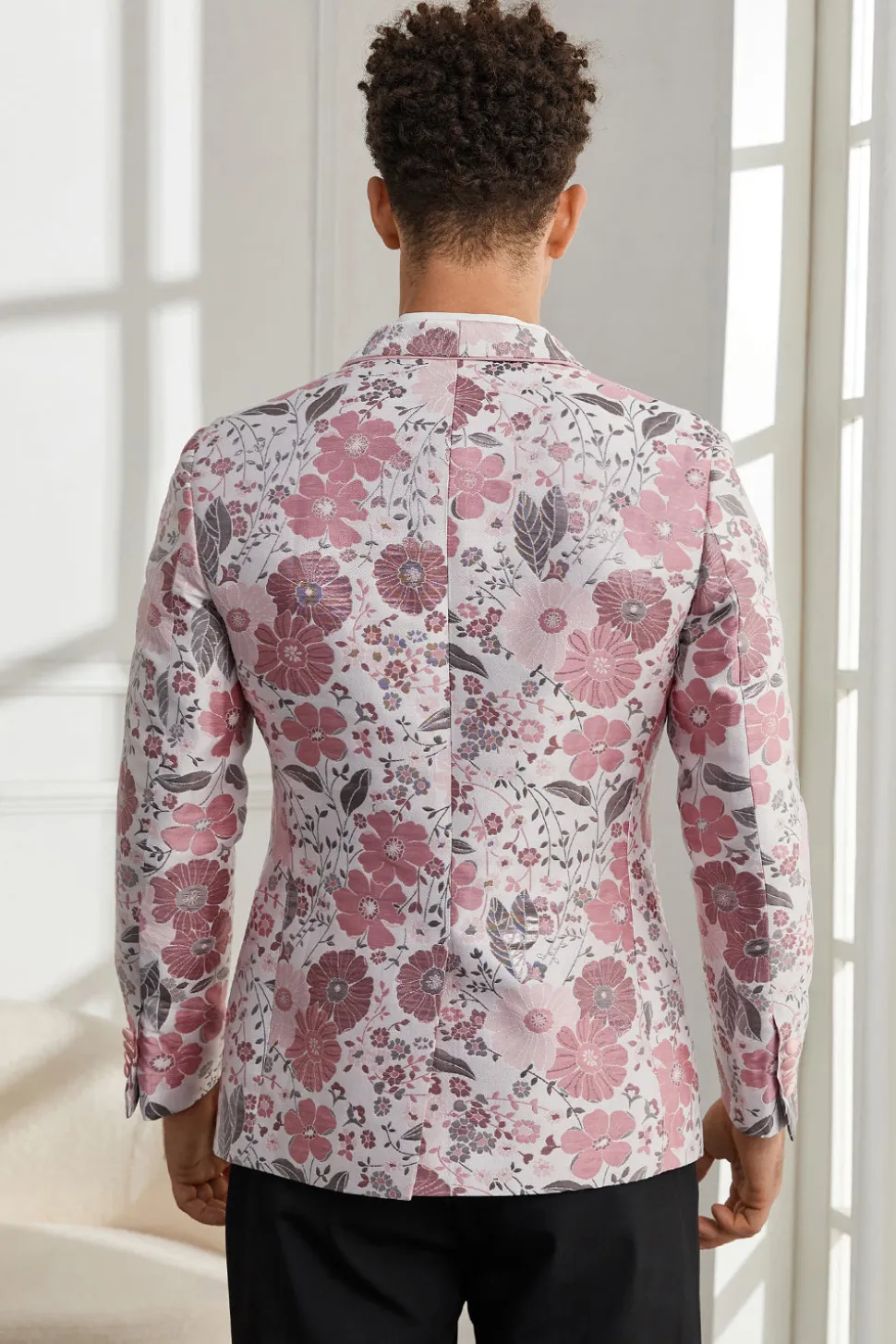 Xale Lapela Um Botão Rosa Jacquard Floral 2 Peças Homecoming Ternos