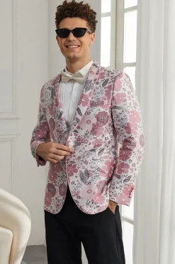 Xale Lapela Um Botão Rosa Jacquard Floral 2 Peças Homecoming Ternos