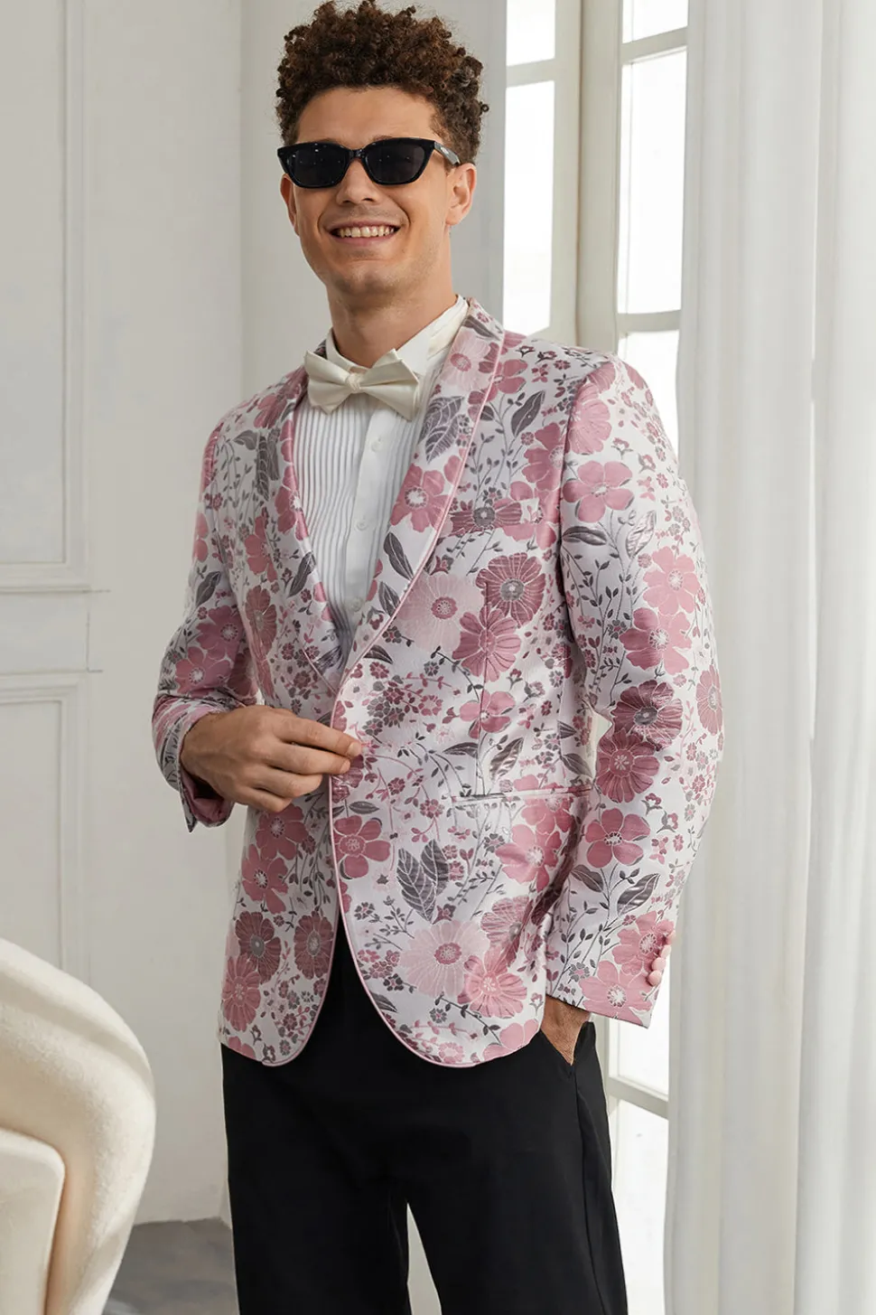 Xale Lapela Um Botão Rosa Jacquard Floral 2 Peças Homecoming Ternos
