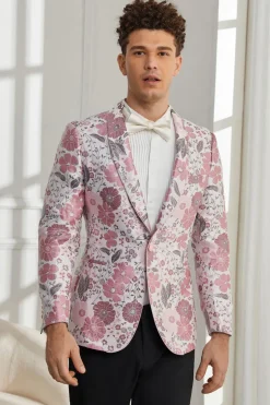 Xale Lapela Um Botão Rosa Jacquard Floral 2 Peças Homecoming Ternos