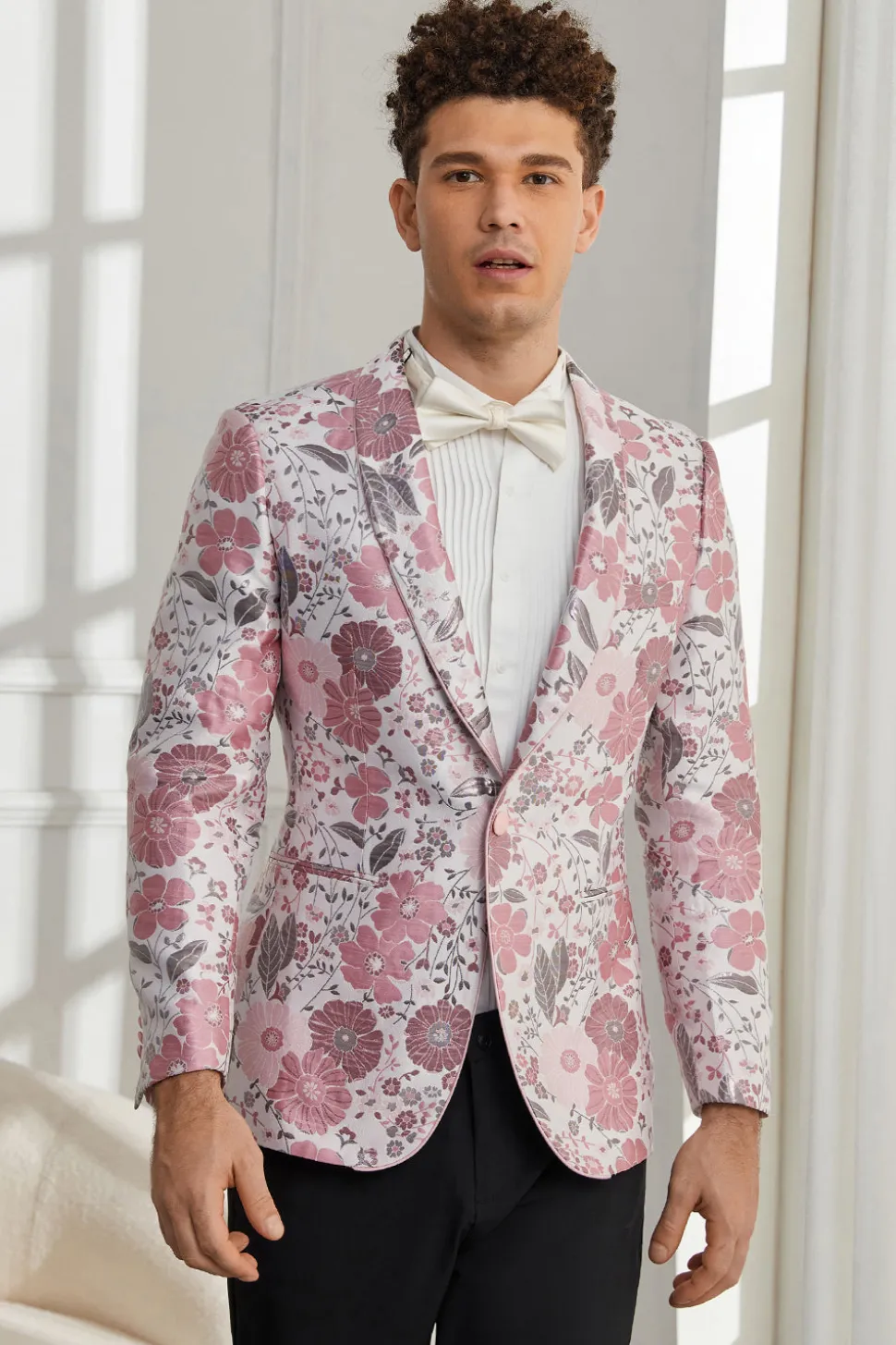Xale Lapela Um Botão Rosa Jacquard Floral 2 Peças Homecoming Ternos
