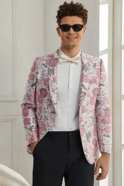 Xale Lapela Um Botão Rosa Jacquard Floral 2 Peças Homecoming Ternos