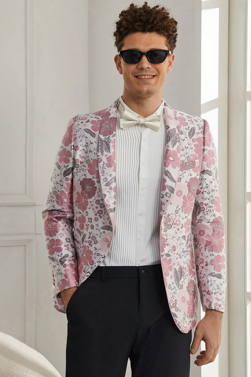Xale Lapela Um Botão Rosa Jacquard Floral 2 Peças Homecoming Ternos