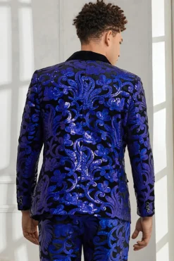Xale Lapela Um Botão Royal Blue Sequins Masculino 2 Peças Ternos