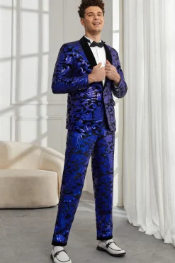 Xale Lapela Um Botão Royal Blue Sequins Masculino 2 Peças Ternos