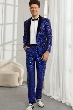 Xale Lapela Um Botão Royal Blue Sequins Masculino 2 Peças Ternos