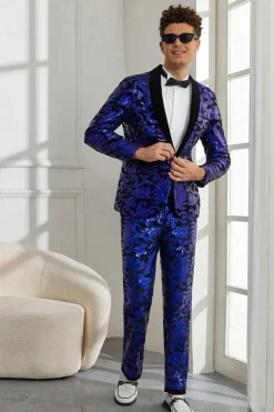 Xale Lapela Um Botão Royal Blue Sequins Masculino 2 Peças Ternos