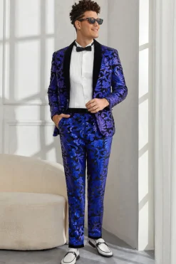 Xale Lapela Um Botão Royal Blue Sequins Masculino 2 Peças Ternos