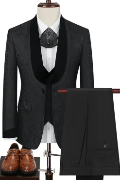 Xale Preto Lapela Um Botão 3-Piece Homens Ternos