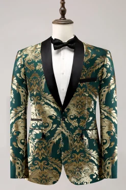 Xale Verde Escuro Lapela Um Botão Jacquard Blazer Masculino Prom