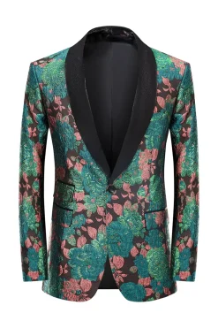 Xale Verde Lapela Jacquard Padrão Floral Masculino Homecoming Suit Jacket Blazer