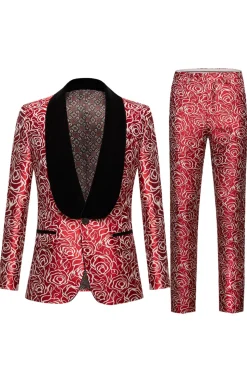 Xale Vermelho Lapela Impresso 2 Peças Terno Masculino