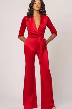 Xale Vermelho Lapela Mangas Longas Cetim Macacões Formais