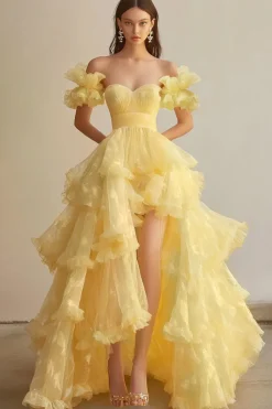 Yellow Boat Collar mangas curtas Organza vestido formal com Big A Hem