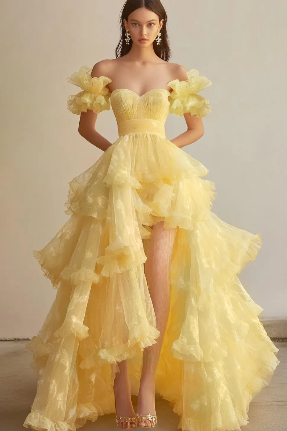 Yellow Boat Collar mangas curtas Organza vestido formal com Big A Hem