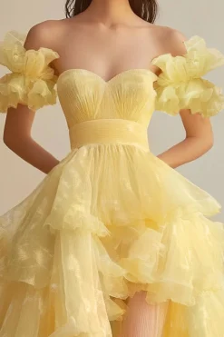 Yellow Boat Collar mangas curtas Organza vestido formal com Big A Hem