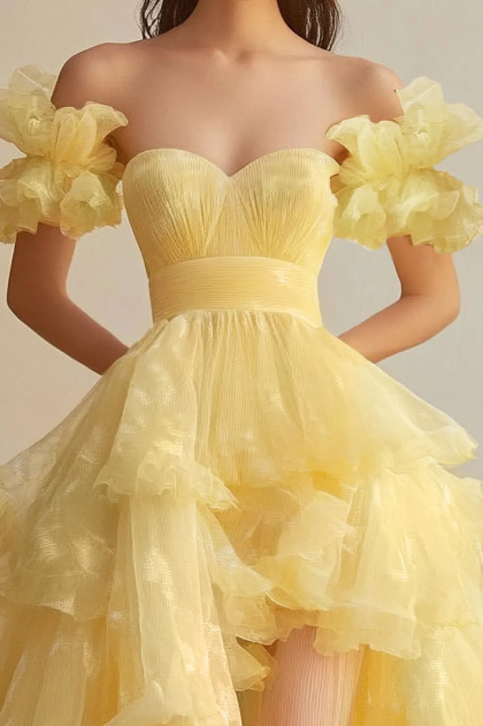 Yellow Boat Collar mangas curtas Organza vestido formal com Big A Hem