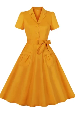Yellow Ruffled Notched Lapel Belted Bows 1950s Vestido com bolsos