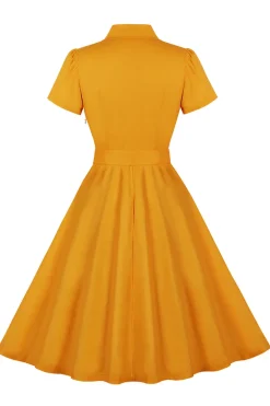 Yellow Ruffled Notched Lapel Belted Bows 1950s Vestido com bolsos